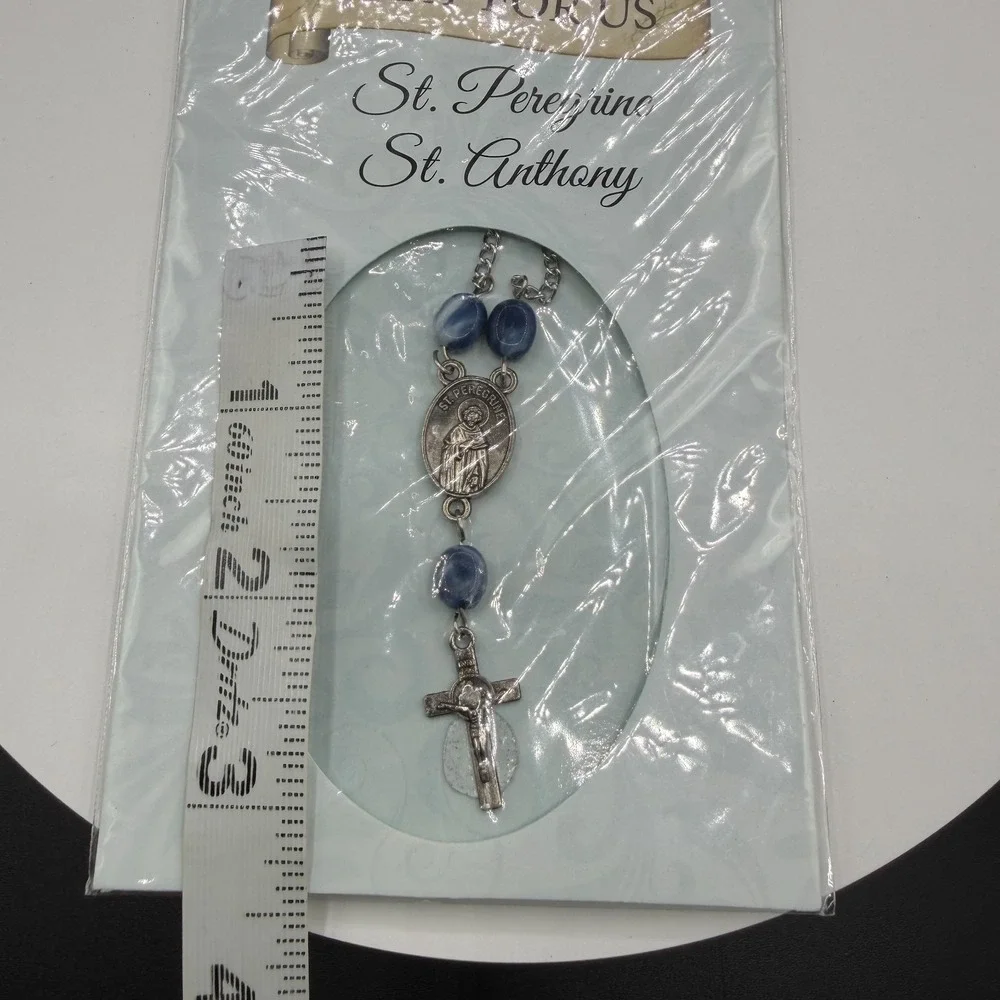 St Peregrine St Anthony Rosary Necklace Blue Beads Crucifix Catholic Prayer Gift